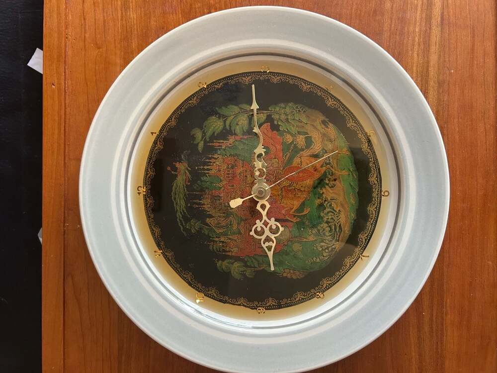 Vintage Russian Lacquer Art Wall Clock Featuring Ruslan and Ludmilla Scene